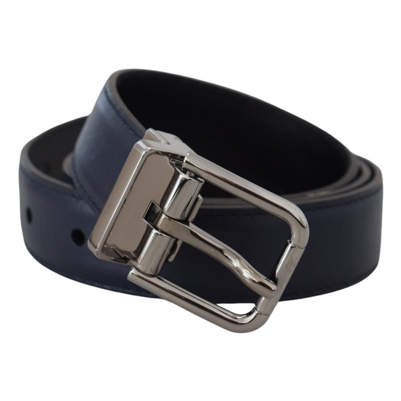 Cintura fibbia metallo tono argento pelle vitello blu - 80 CM / 32