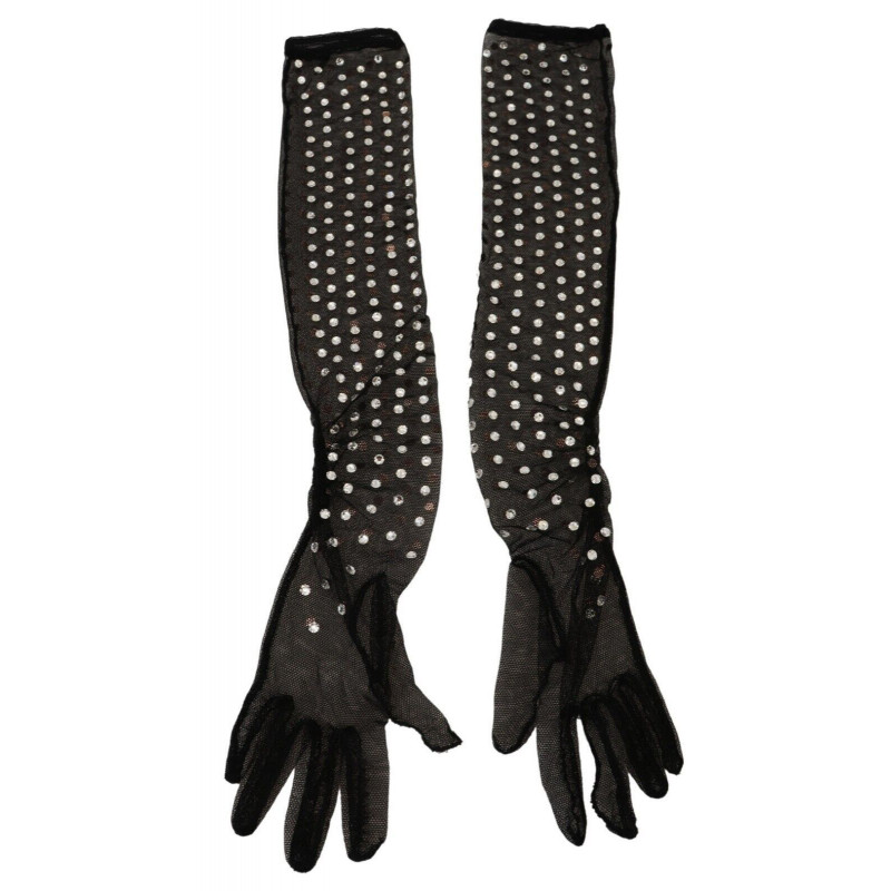 Guanti tulle cotone lunghezza gomito cristallo nero - 7.5-S