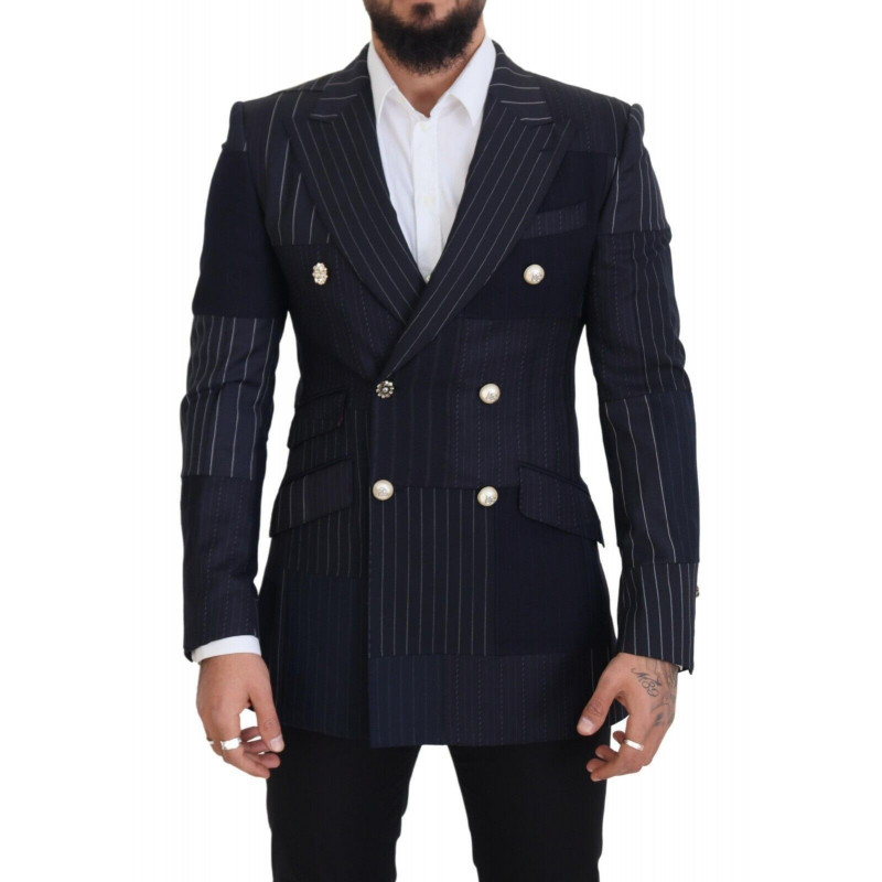 Blazer doppiopetto patchwork di lana blu - IT48 - M