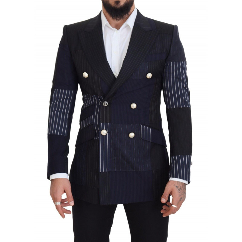 Blazer doppiopetto patchwork di lana blu - IT46 - S