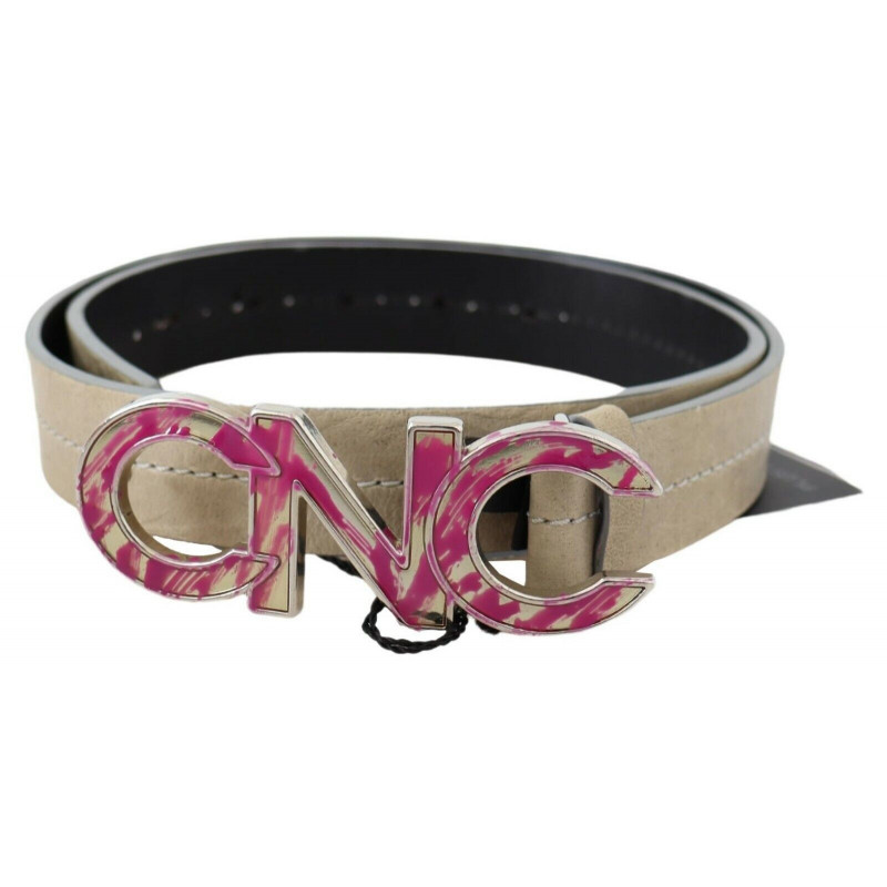 Cintura con fibbia con logo rosa in pelle beige - 80 CM / 32 INCHES