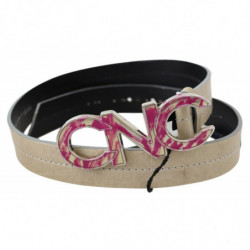 Cintura con fibbia con logo rosa in pelle beige - 80 CM / 32 INCHES