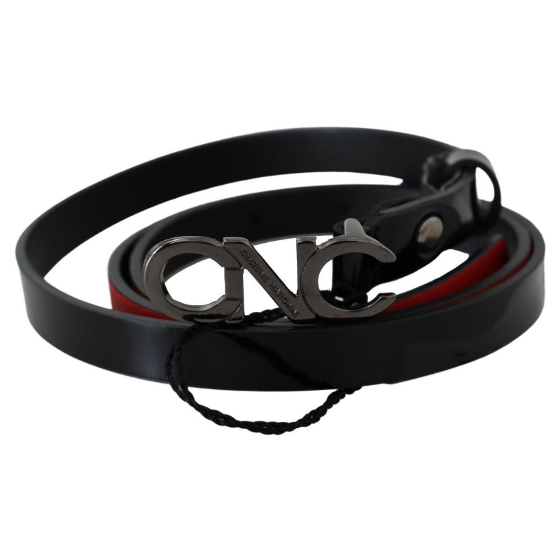 Cintura con fibbia con logo in pelle nera sottile - 85 CM / 34 INCHES