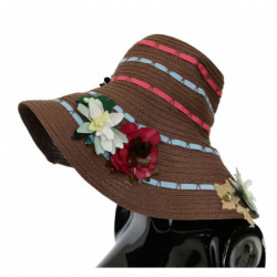 Cappello floreale in paglia lavorata a maglia marrone - 57 CM-S