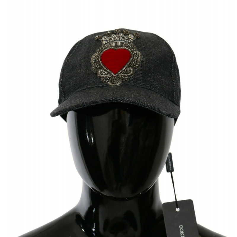 Cappellino con motivo a cuore ricamato in denim blu - 57 CM-S