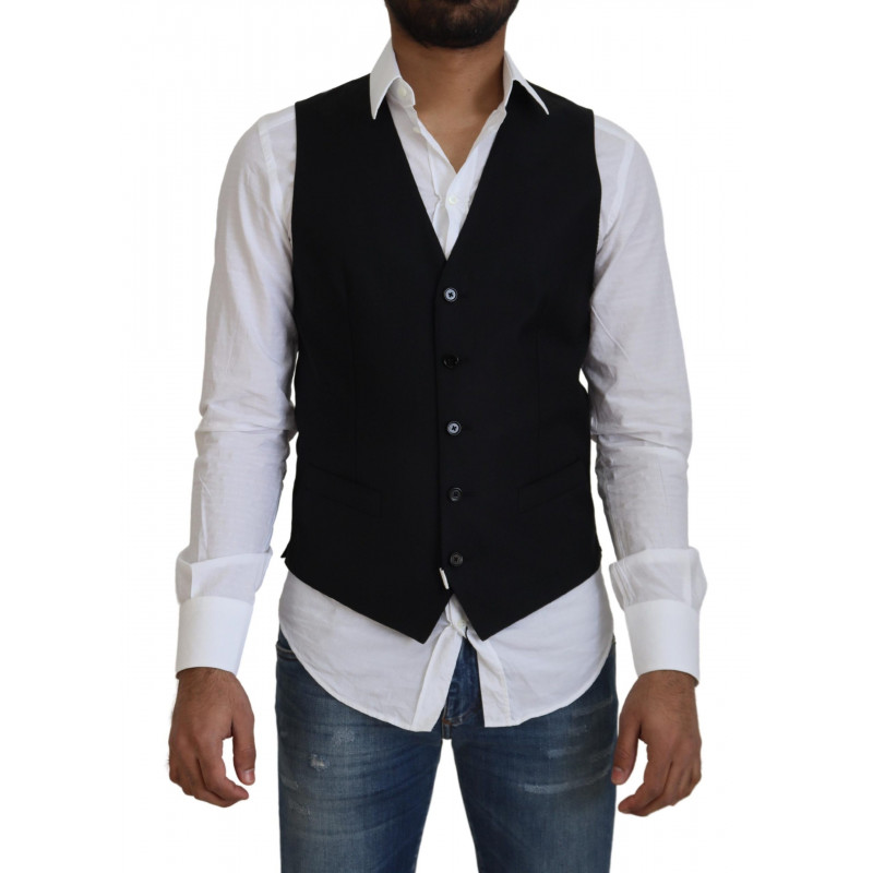 Gilet formale con gilet elasticizzato in lana nera - IT44 - XS