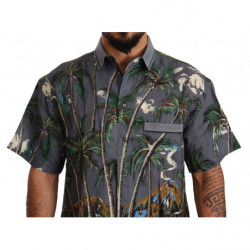 Camicia con colletto in lino grigio con stampa tropicale - IT40 - M