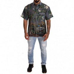 Camicia con colletto in lino grigio con stampa tropicale - IT40 - M