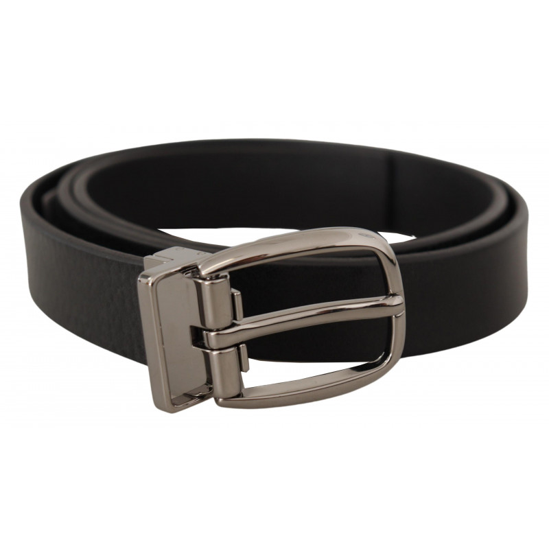 Cintura fibbia metallo cromato tono argento pelle nera - 80 CM / 32
