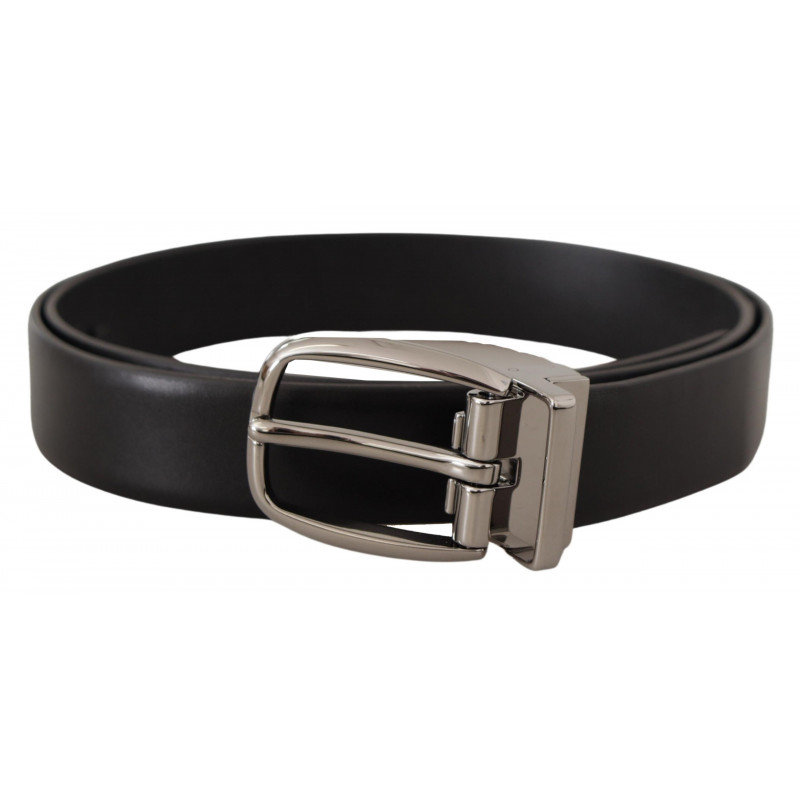 Cintura fibbia logo metallo cromato argento pelle nera - 80 CM / 32