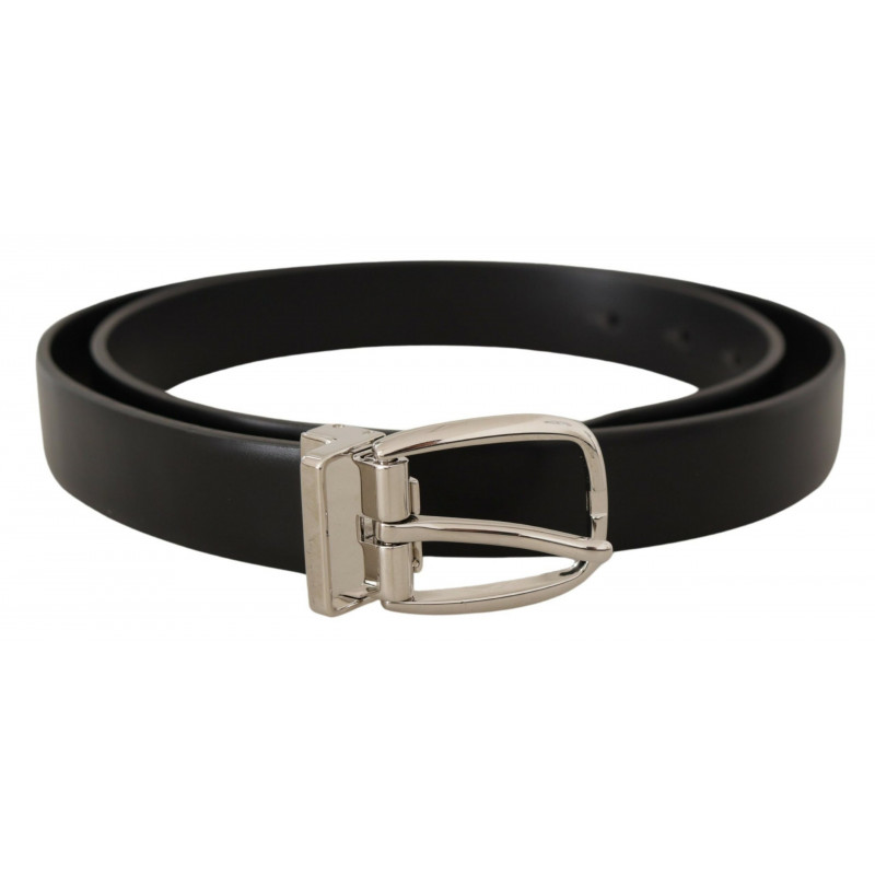Cintura fibbia metallo tono argento pelle nera solida - 95 CM / 38