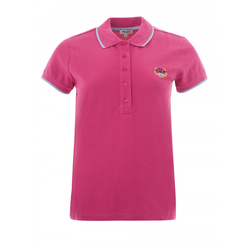Polo in piquet di cotone rosa con ricamo tigre - M