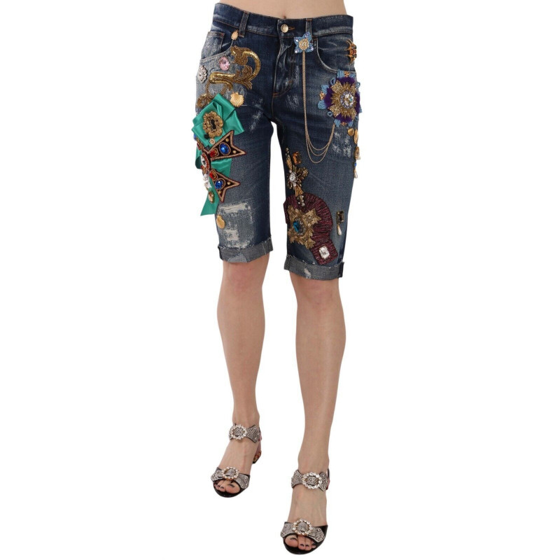 Pantaloncini Capri in cristallo a vita media in denim blu - IT38-XS