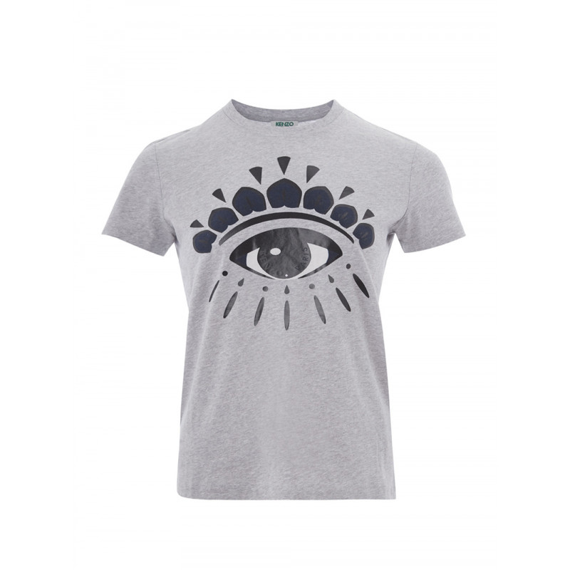 T-shirt in cotone grigio con stampa con occhi davanti - S