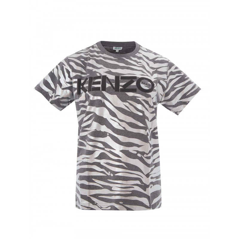 T-shirt grigia in cotone con stampa animalier in metallo allover - L
