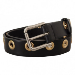 Cintura fibbia metallo tono argento occhielli pelle nera - 70 CM /