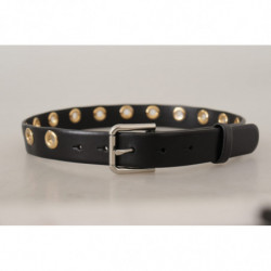 Cintura fibbia metallo tono argento occhielli pelle nera - 70 CM /