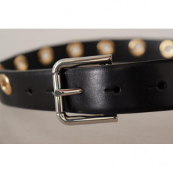 Cintura fibbia metallo tono argento occhielli pelle nera - 70 CM /
