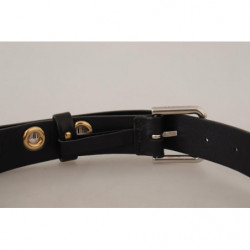 Cintura fibbia metallo tono argento occhielli pelle nera - 70 CM /