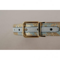 Cintura fibbia metallo dorato goffrato jacquard pelle blu - 65 CM /