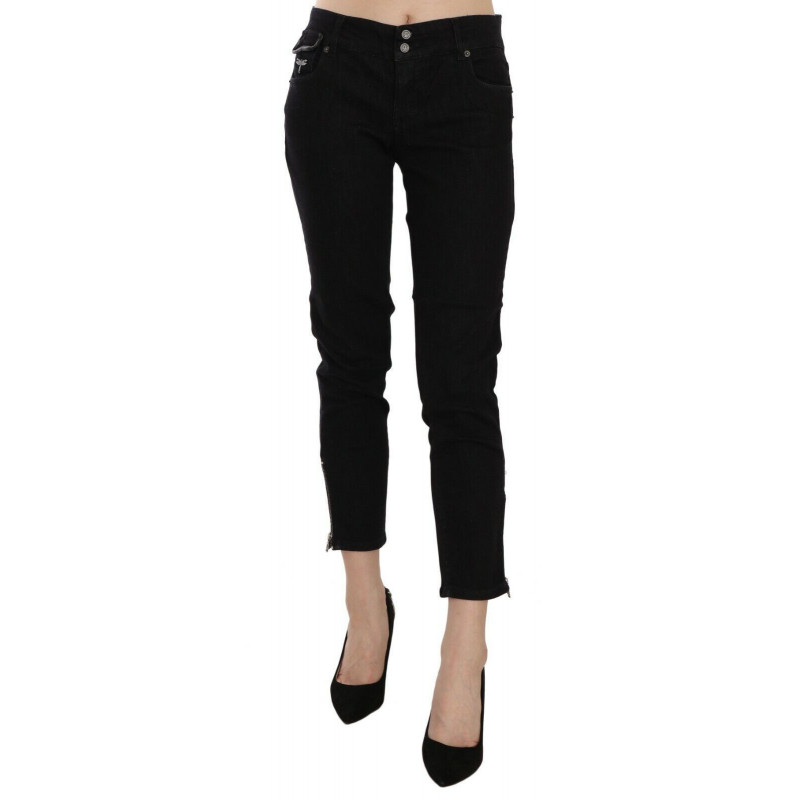 Pantaloni casual in denim con orlo tagliato a vita media nera - W30