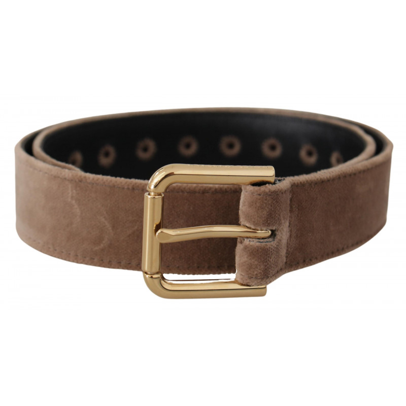 Cintura fibbia metallo logo tono oro velluto marrone chiaro - 65 CM