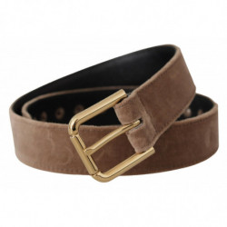 Cintura fibbia metallo logo tono oro velluto marrone chiaro - 65 CM