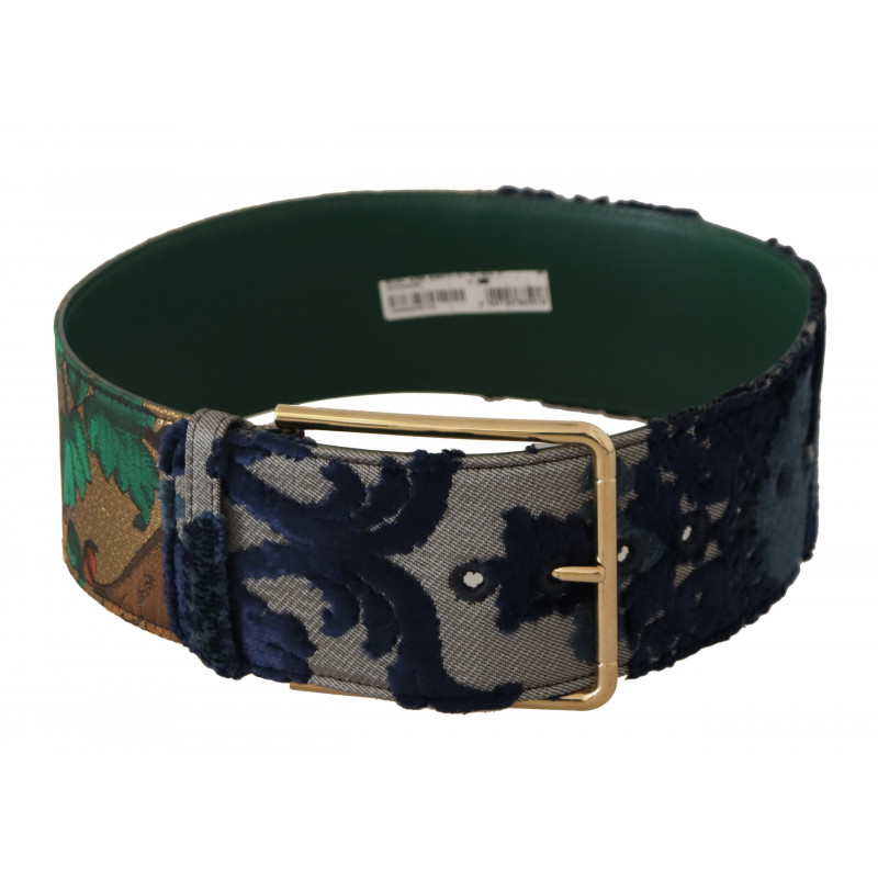 Cintura fibbia metallo dorato pelle ricamata jacquard verde - 70 CM