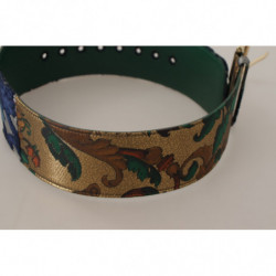 Cintura fibbia metallo dorato pelle ricamata jacquard verde - 70 CM