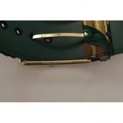 Cintura fibbia metallo dorato pelle ricamata jacquard verde - 70 CM