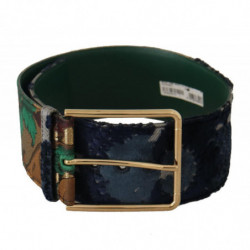 Cintura fibbia metallo dorato pelle ricamata jacquard verde - 70 CM
