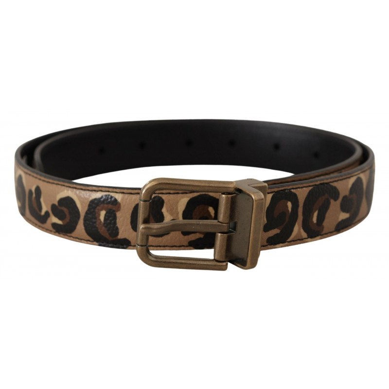 Cintura fibbia metallo color bronzo stampa leopardata pelle marrone