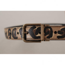 Cintura fibbia metallo color bronzo stampa leopardata pelle marrone