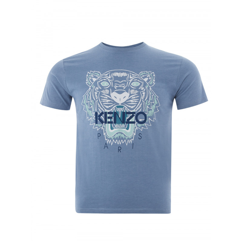 T-shirt blu in cotone con stampa tigre e logo frontale - S