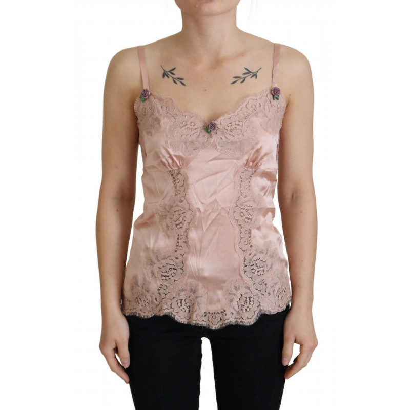 Lingerie canotta con rose di pizzo in raso rosa - IT40-S