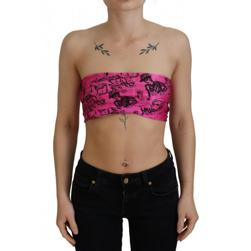 Camicetta corta con reggiseno con stampa di giornale rosa - XXS