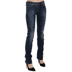 Pantaloni skinny denim vita bassa stampa giornale blu - W24