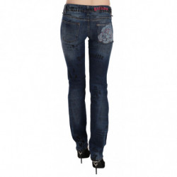 Pantaloni skinny denim vita bassa stampa giornale blu - W24