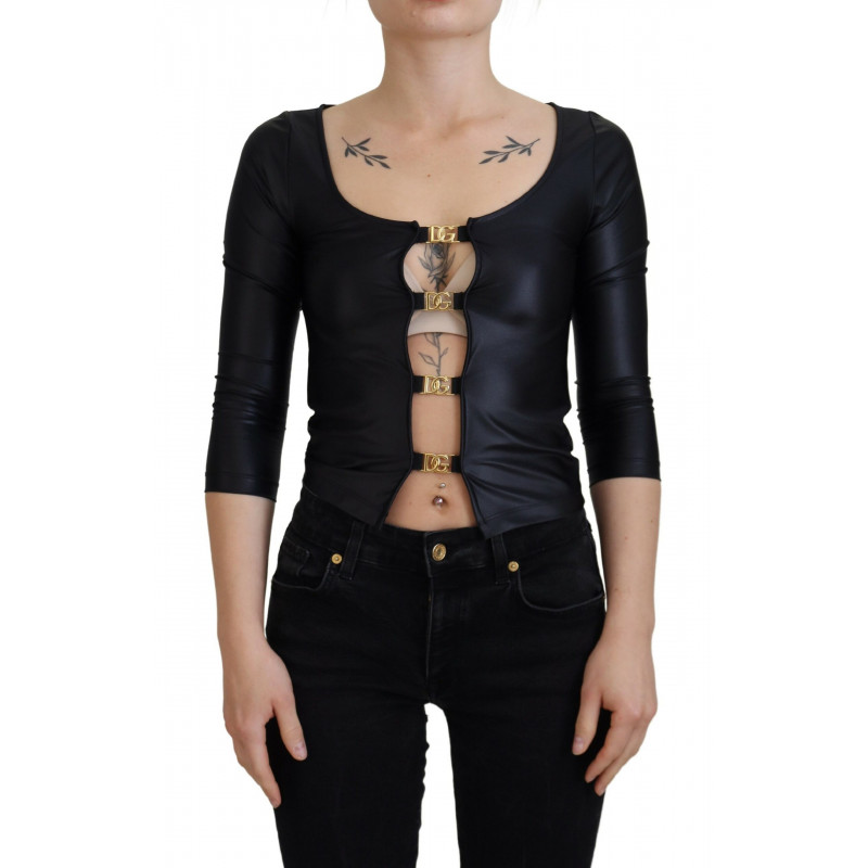 Top maniche 3/4 sul petto aperto cotone elasticizzato nero - IT40-S