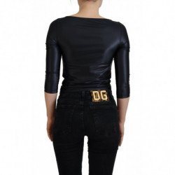 Top maniche 3/4 sul petto aperto cotone elasticizzato nero - IT40-S