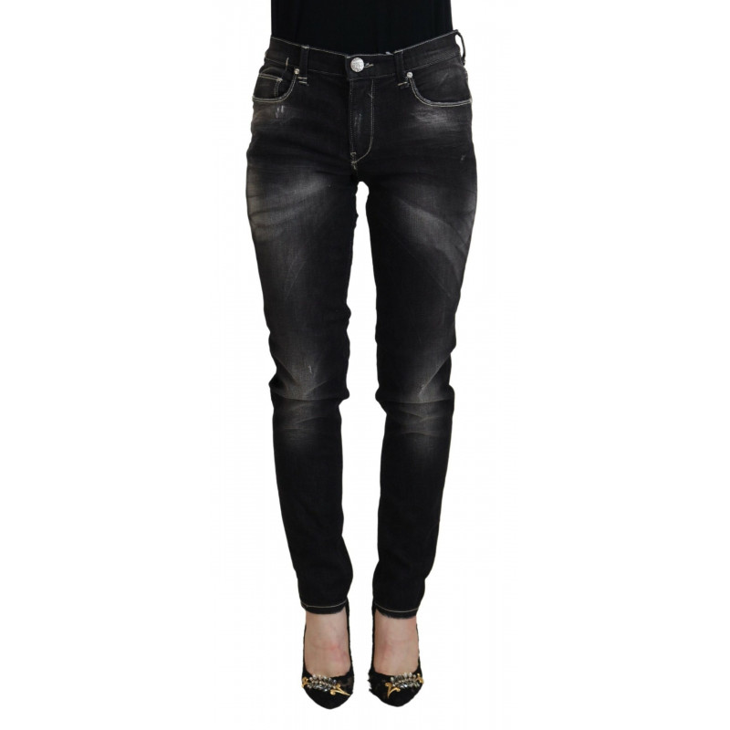 Jeans casual denim da donna affusolati vita media lavati neri - W26