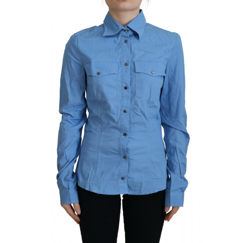 Top abbottonato con colletto a maniche lunghe in cotone blu - IT38-XS