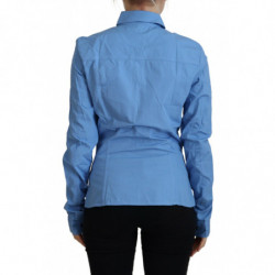 Top abbottonato con colletto a maniche lunghe in cotone blu - IT38-XS