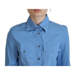 Top abbottonato con colletto a maniche lunghe in cotone blu - IT38-XS