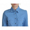 Top abbottonato con colletto a maniche lunghe in cotone blu - IT38-XS