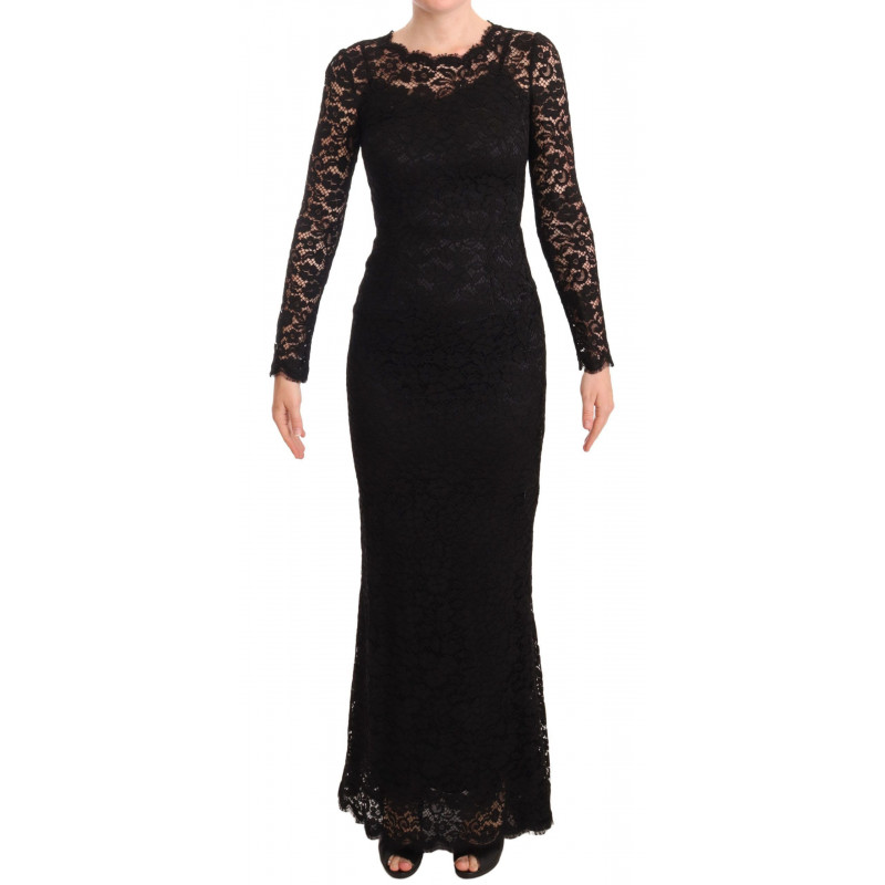 Abito a maniche lunghe a sirena in pizzo di cotone nero - IT38-XS