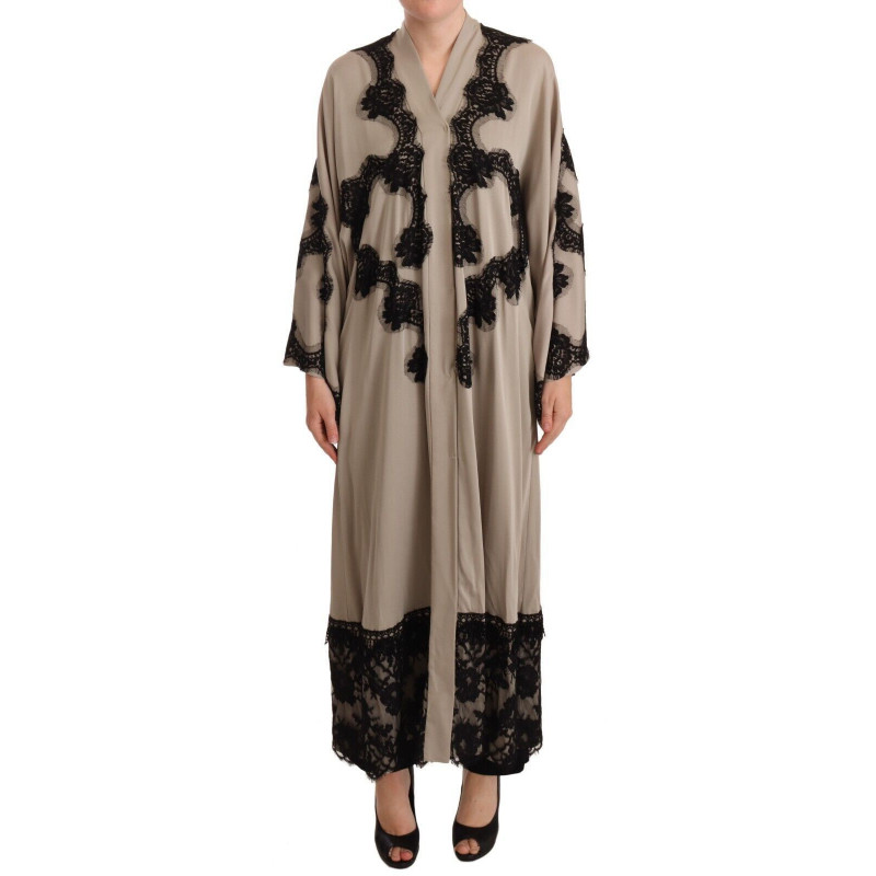 Abito caftano lungo Abaya in pizzo di seta beige - IT40-S