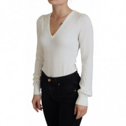 Top camicetta da donna maniche lunghe scollo V color avorio - IT1 - XS