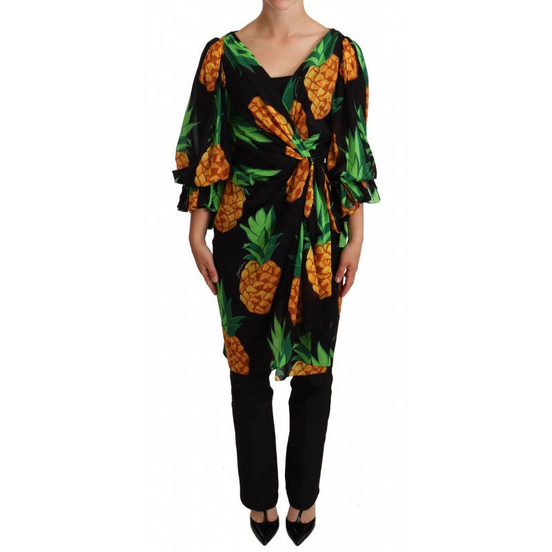 Abito avvolgente in seta stretch con stampa Ananas nero - IT36 - XS