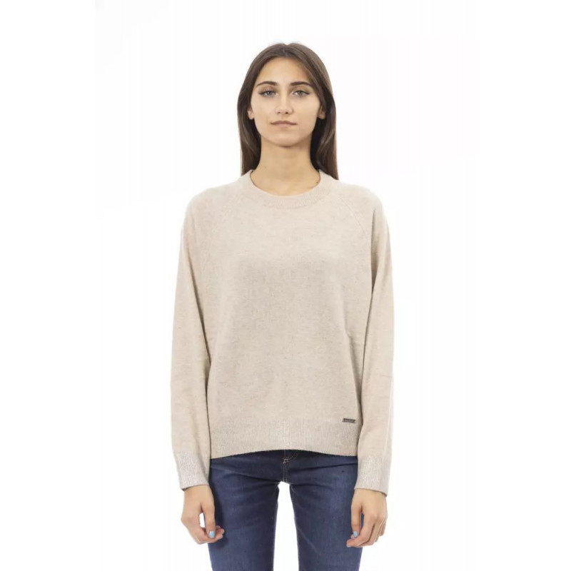 Elegante Maglione Girocollo Beige con Monogramma in Metallo - S
